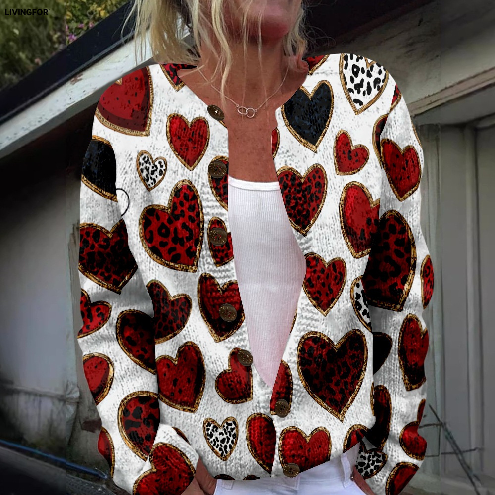 Women's Heart & Flower Print Button Cardigan Sweater