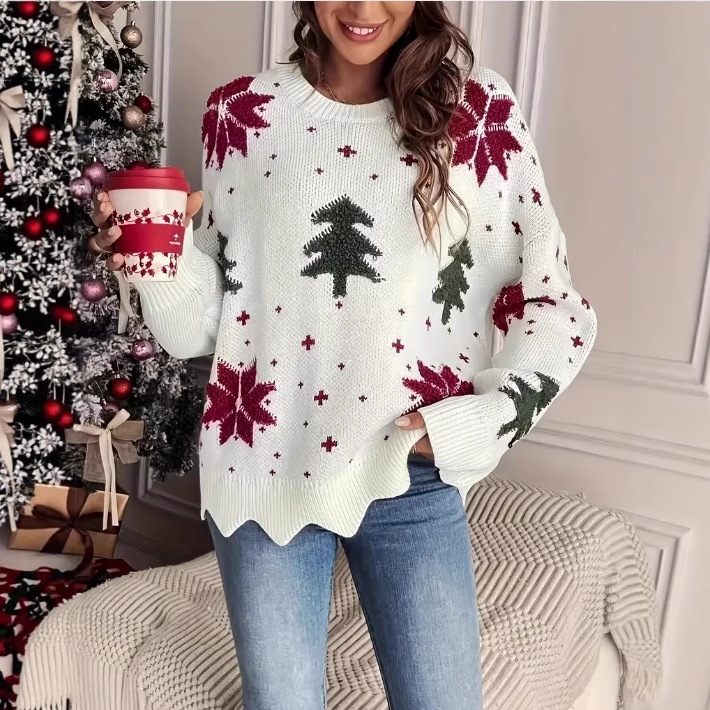 Snowflake Christmas Tree Print Crewneck Knit Sweater