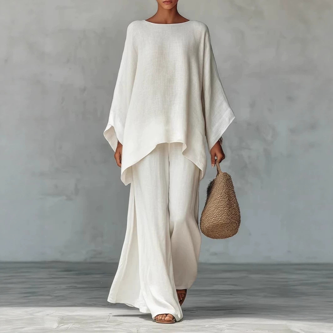 Women's Elegant Loose Cotton-Linen Top and Wide-Leg Pants Casual Set