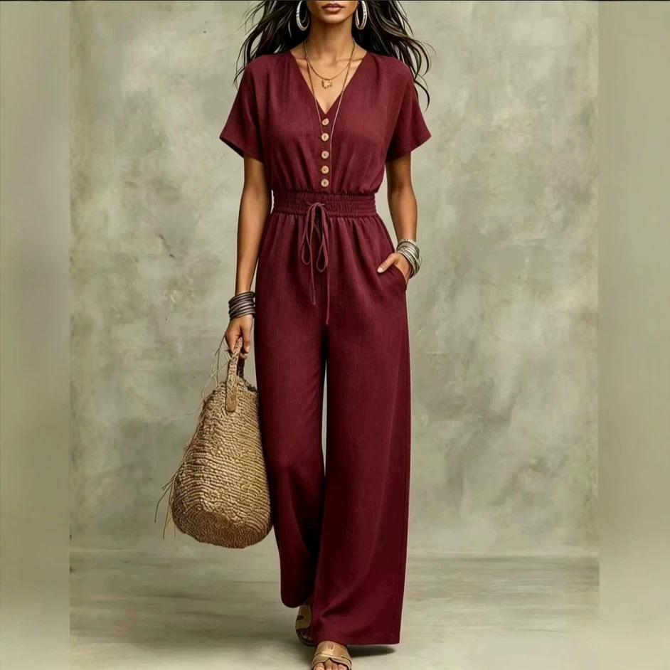 V-Neck Button-Front Short-Sleeve Drawstring High-Waist Wide-Leg Cotton-Feel Jumpsuit