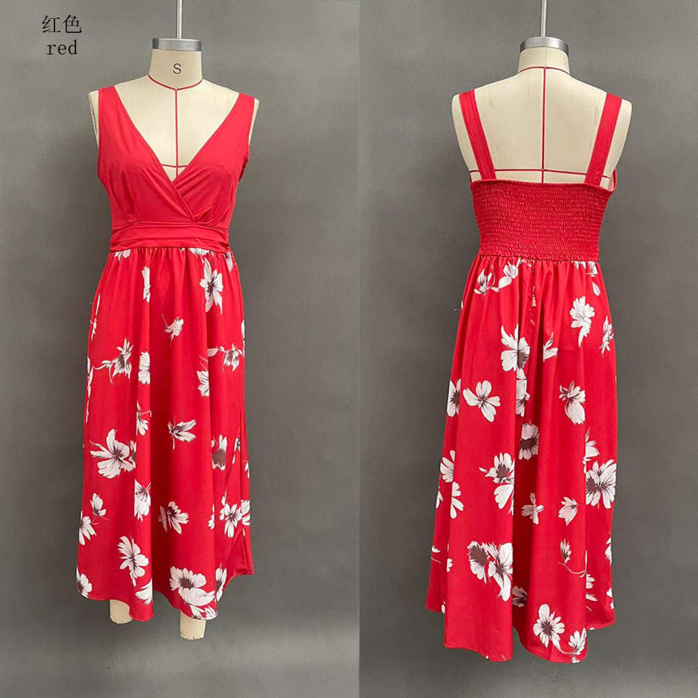 Sexy V-Neck Floral Print Sleeveless Open-Back High-Waist A-Line Maxi Dress