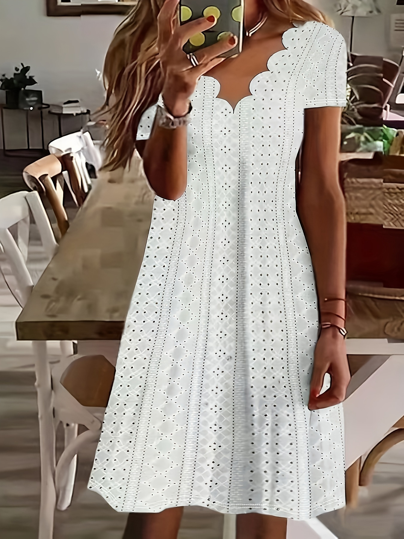 Women's Casual Loose Round Neck Hollow-Out Jacquard Short Sleeve A-Line Dress
