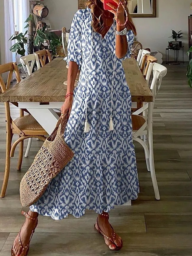 Women's Casual V-Neck Printed Tassel Midi Dress Loose A-Line