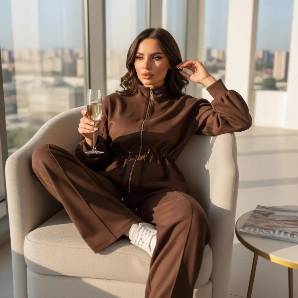 Women's Solid Zip-Up Cardigan and Straight-Leg Pants Two-Piece Set