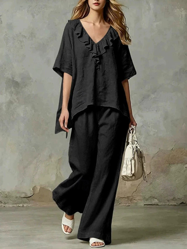 Women's V-Neck Loose Cotton Blend T-Shirt and Pants Set Casual Two-Piece Outfit