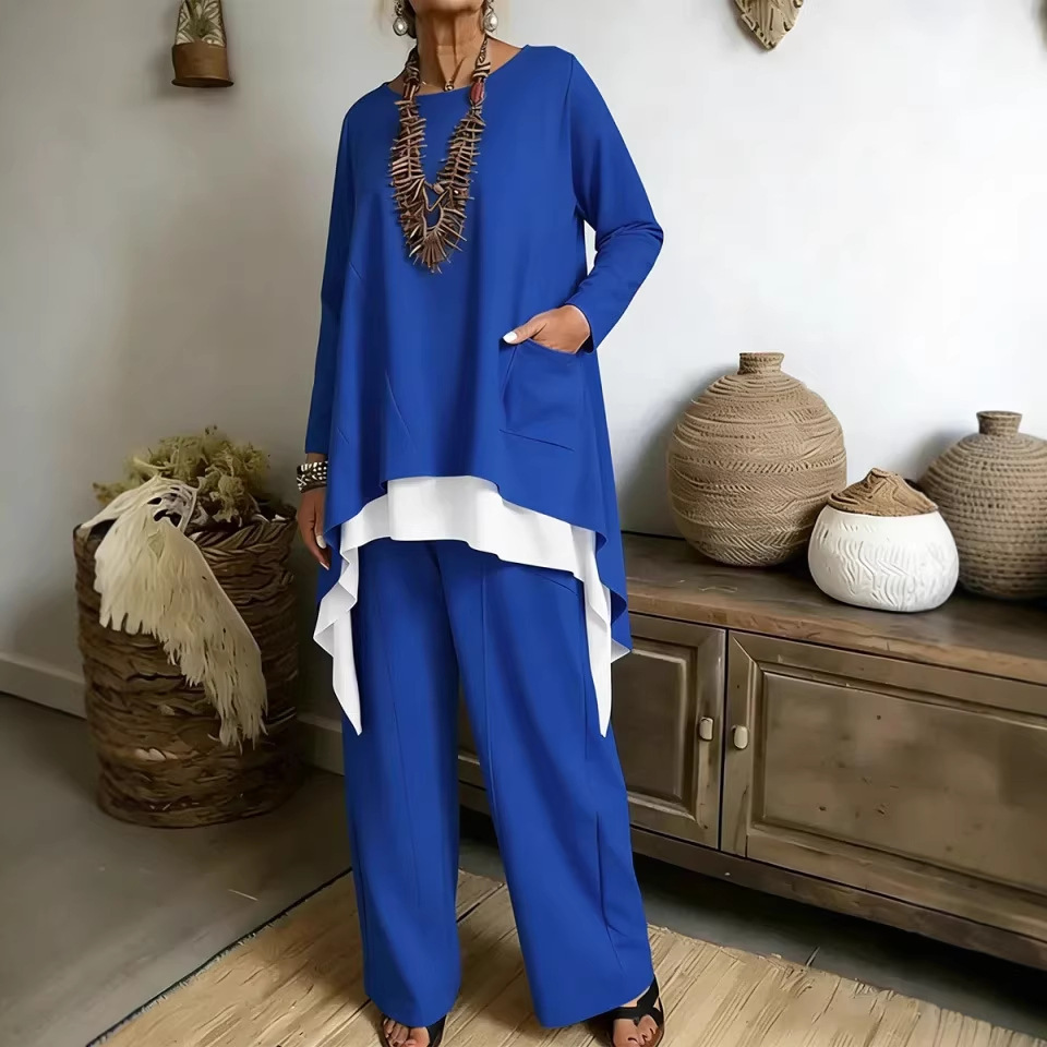 Women's Colorblock Long Hem 2-Piece Knit Sweater and Pants Set