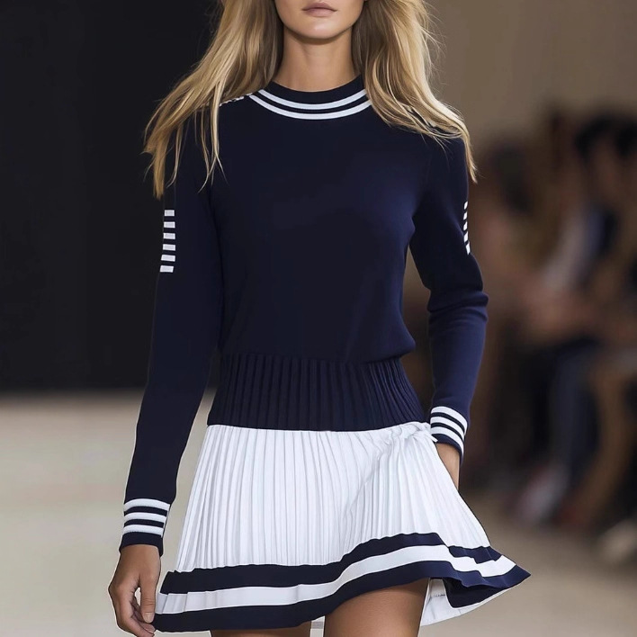 Navy and White Colorblock Crewneck Mini Dress