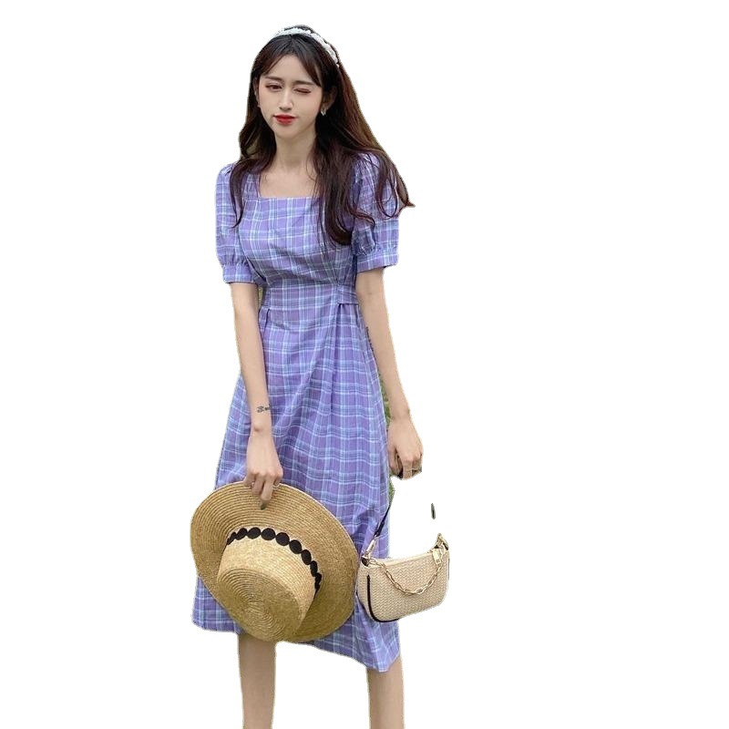 French Vintage Square Neck Plaid Midi Dress with Waist and Short Sleeves