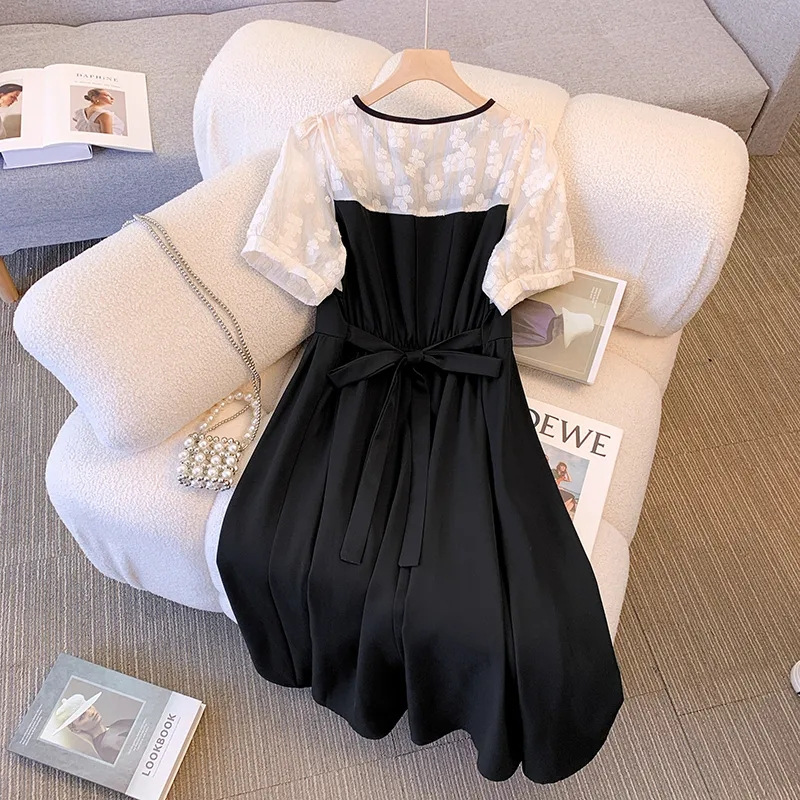 Plus Size Women's Tie-Front A-Line Midi Dress New Chinese Style V-Neck Short Sleeve Black