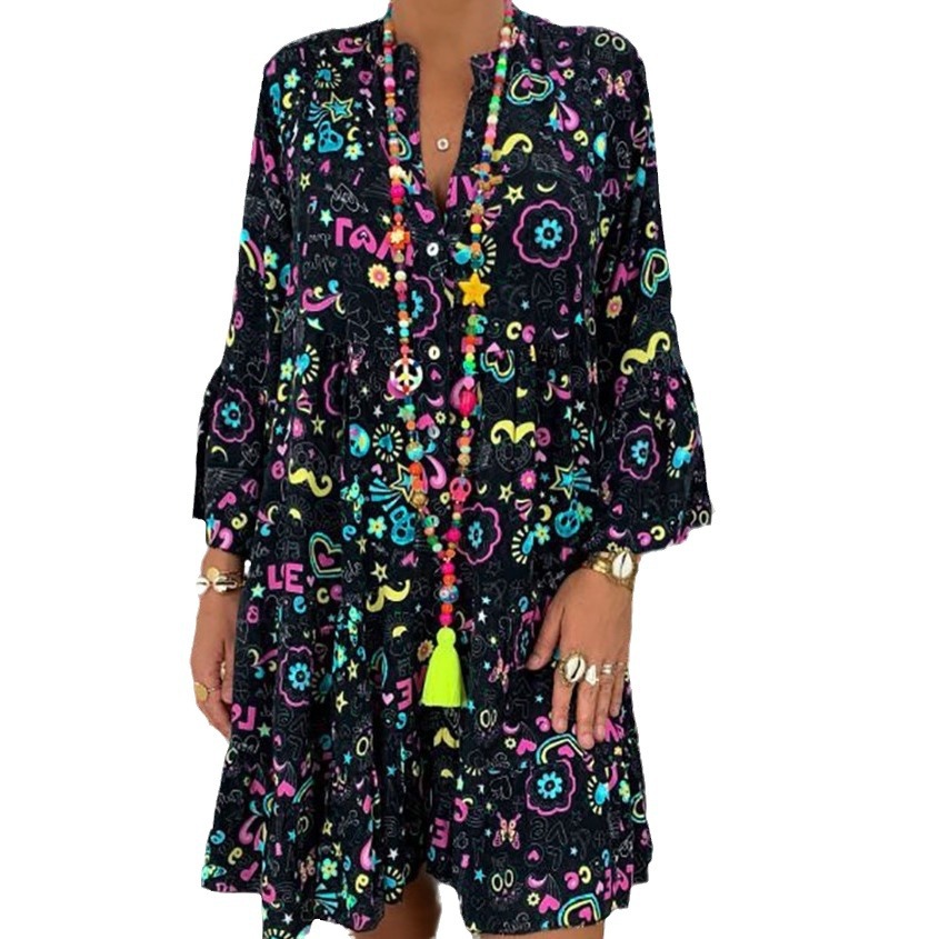 Floral Print 3/4 Sleeve Ruffle A-Line Dress V-Neck Loose Fit