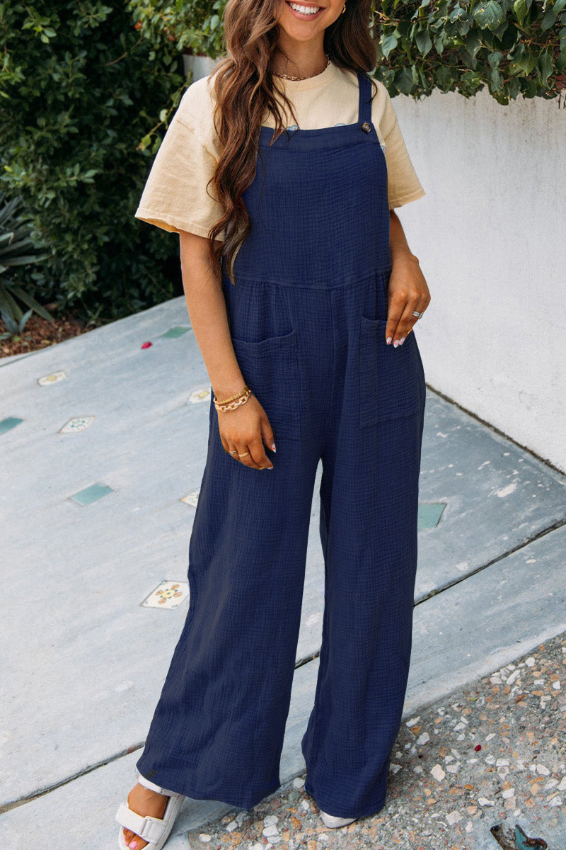 Women's Casual Solid Color Pocket Square Neck Loose Overalls