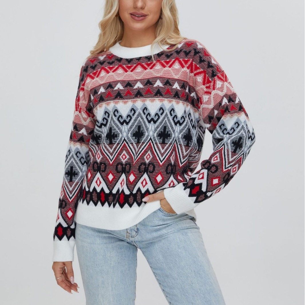 Fair Isle Retro Diamond Geometric Jacquard Knit Sweater Women's Crewneck Long Sleeve