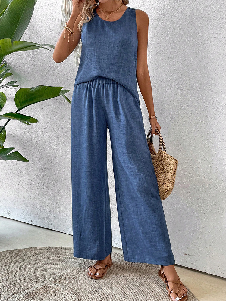 Women's Two-Piece Sleeveless Tank Top and Wide-Leg Pants Set with Hollow-Out Lace Trim