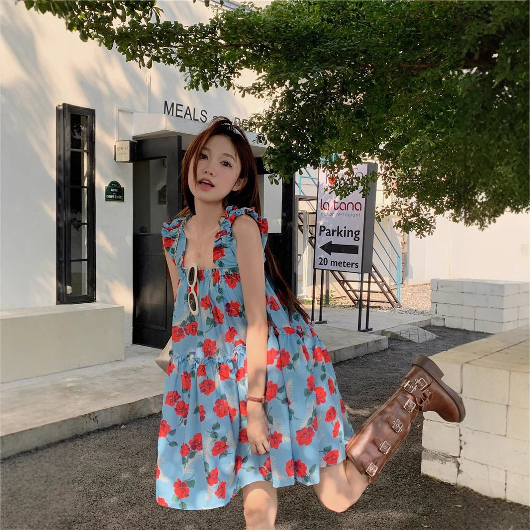 Ruffle Trim Floral Slip Dress Women's Summer Loose Fit Beach Vacation Sweet Short Dress