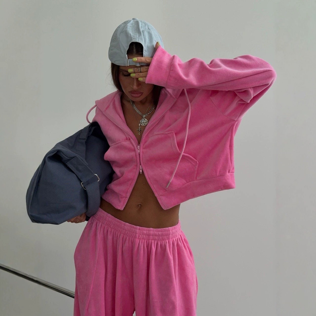 Solid Color Cropped Hooded Cardigan and Wide-Leg Pants Two-Piece Set