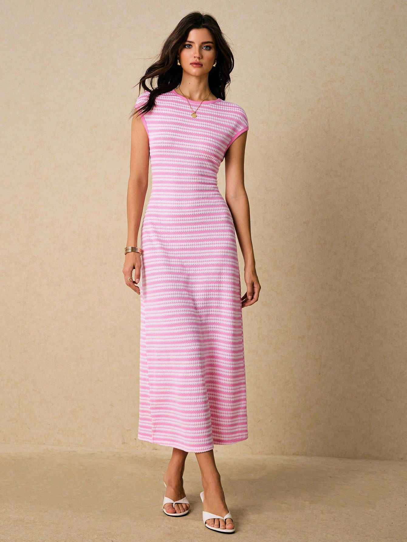 Color-Block Striped Round-Neck Short-Sleeve Long Dress