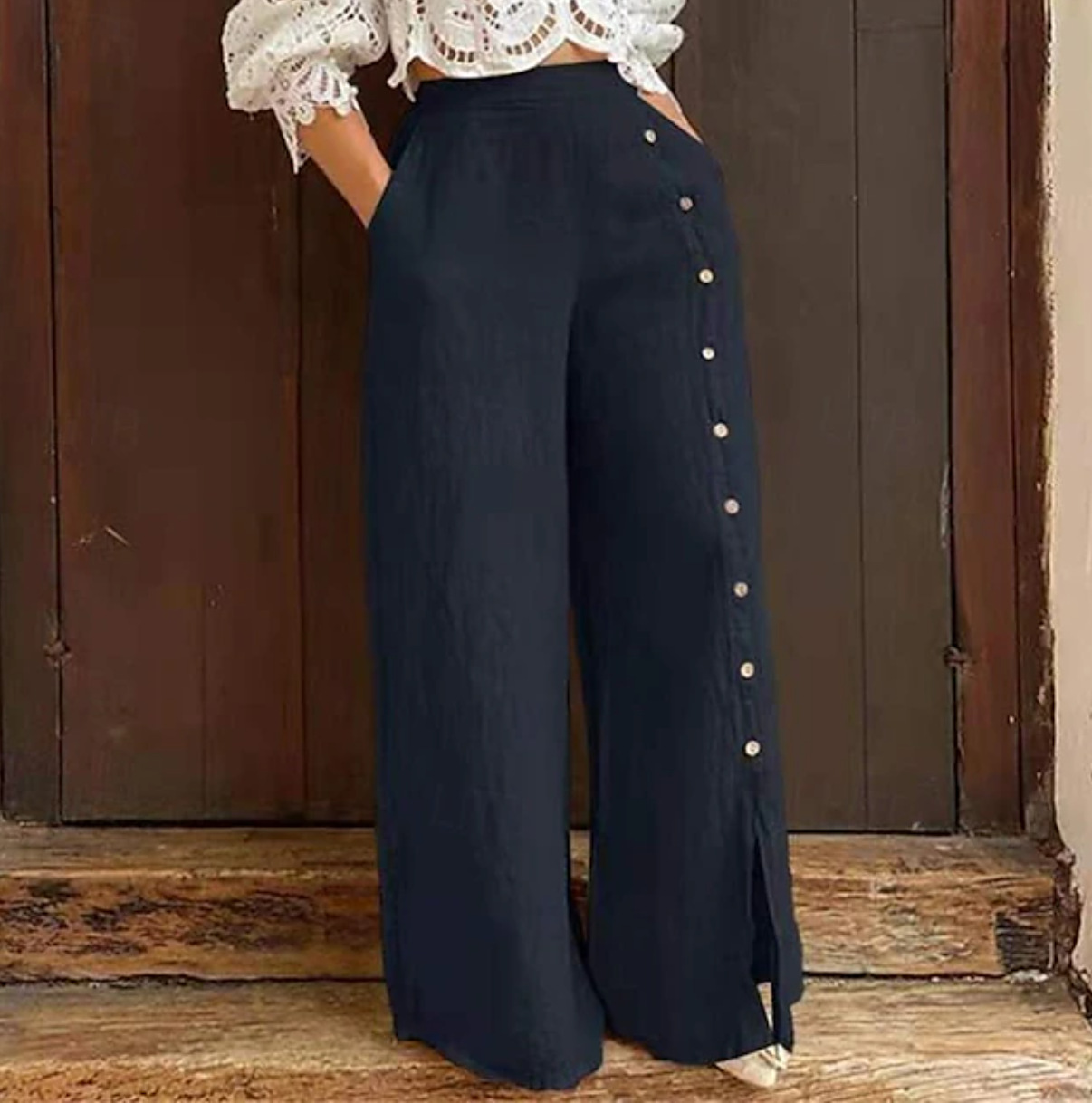 Women's Casual Wide-Leg Pants with Pockets and Button Design