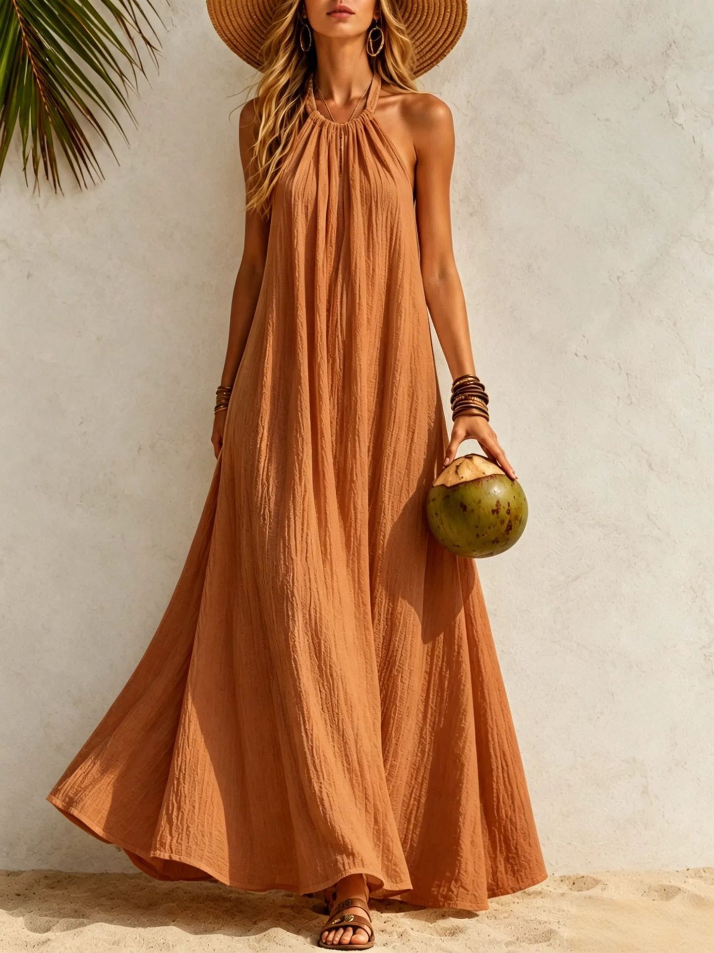 Women's Halter Neck Maxi Dress Loose A-Line Boho Beach Vacation Dress