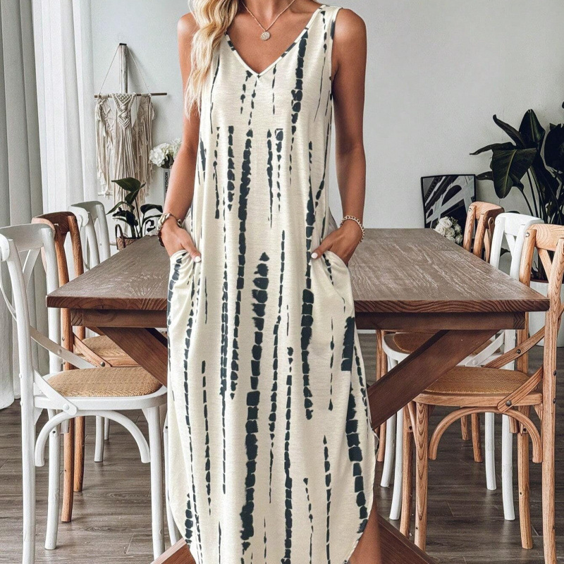 Allover Print Sleeveless V-Neck Slit Dress