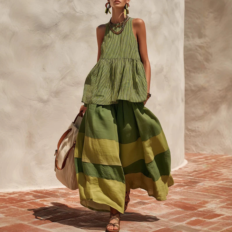 Retro Striped Top and Color-Block Wide-Leg Pants Set