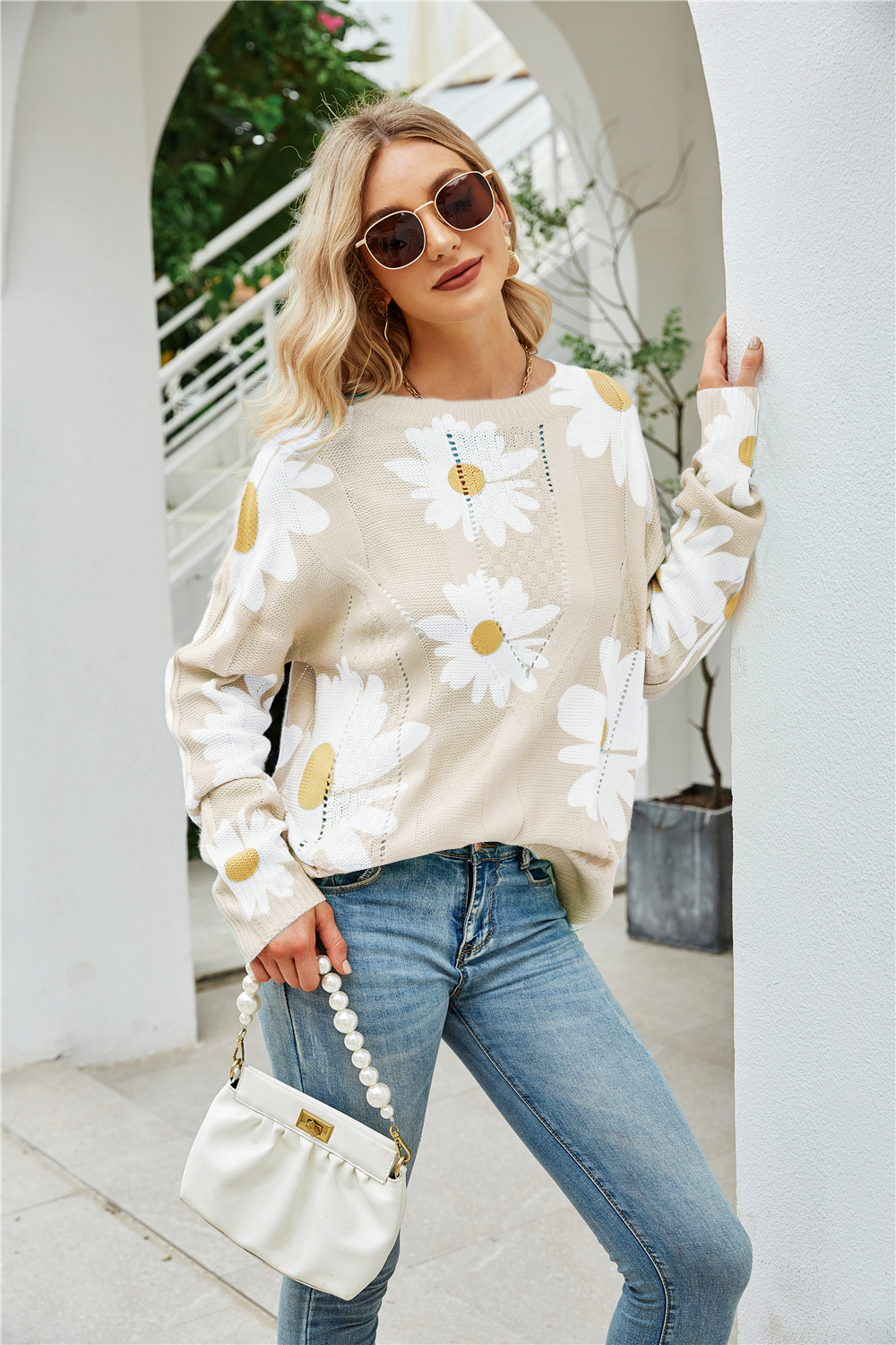 Plus Size Sunflower Knit Sweater Crew Neck Pullover