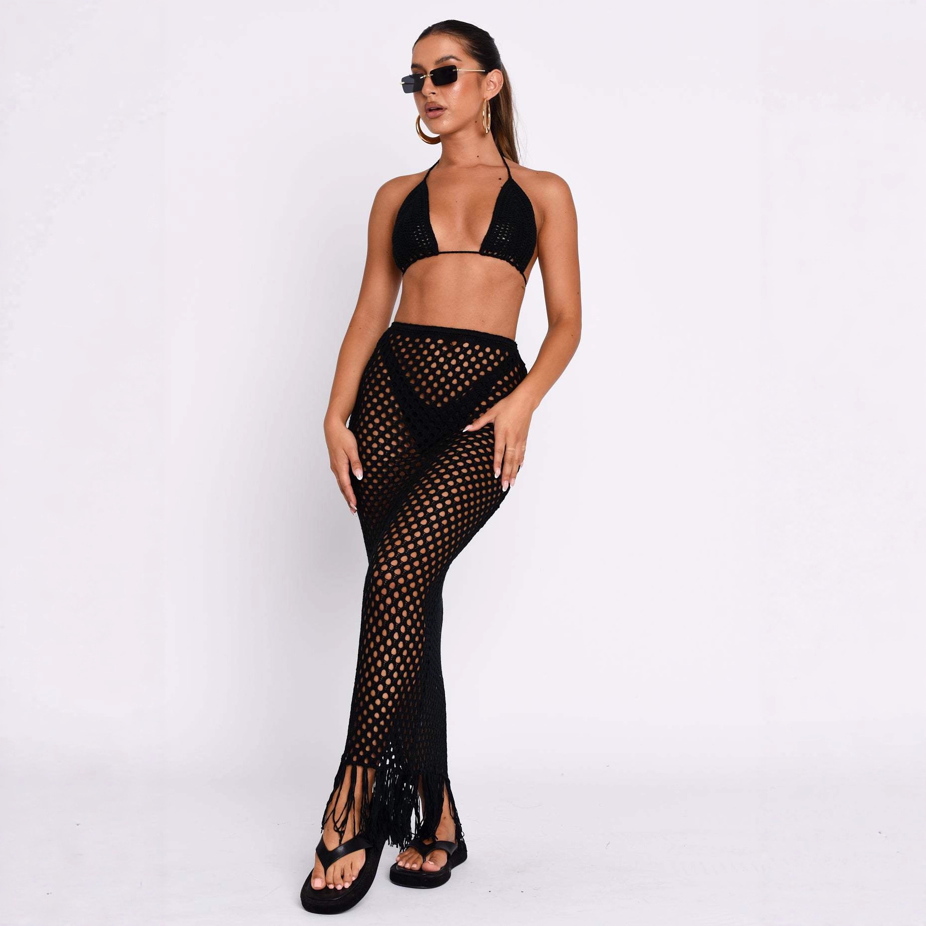 Women's Sexy Sheer Cutout Knit Bikini Skirt Set