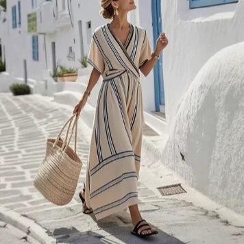 Women's V-Neck Short Sleeve Pleated Maxi Dress Summer Vacation