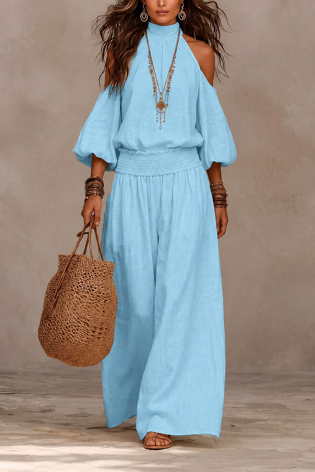 Women's Casual Crewneck Long Sleeve Cutout Top and Smocked Wide-Leg Pants Set