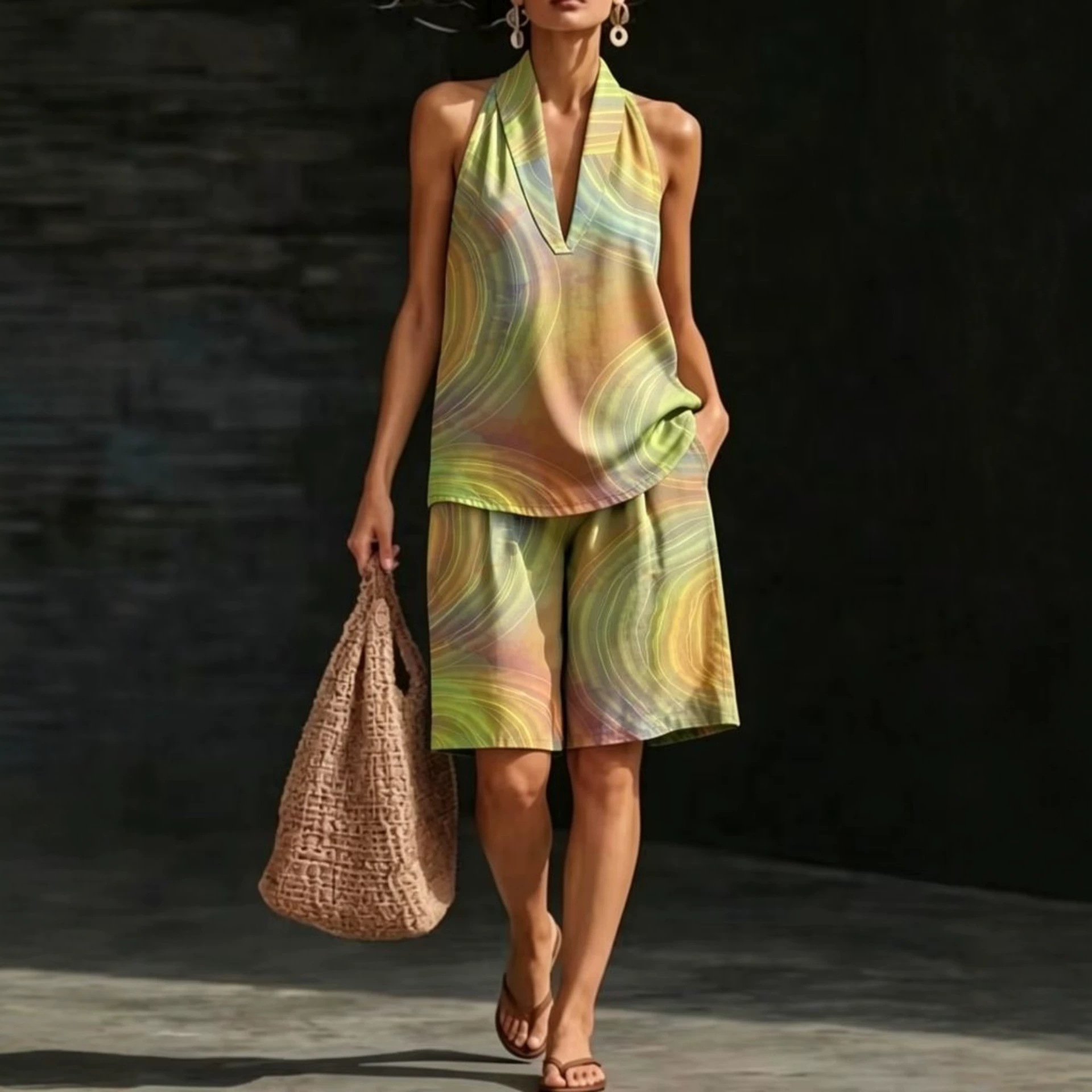 Retro Floral Print Sleeveless Halter Vest Set for Women