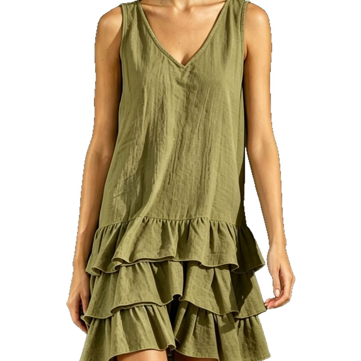 Women's Sleeveless V-Neck Midi Dress with Patchwork Detail