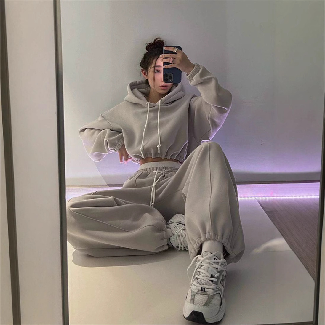 Women's Solid Color Hooded Long Sleeve Sweatshirt and Pants Set