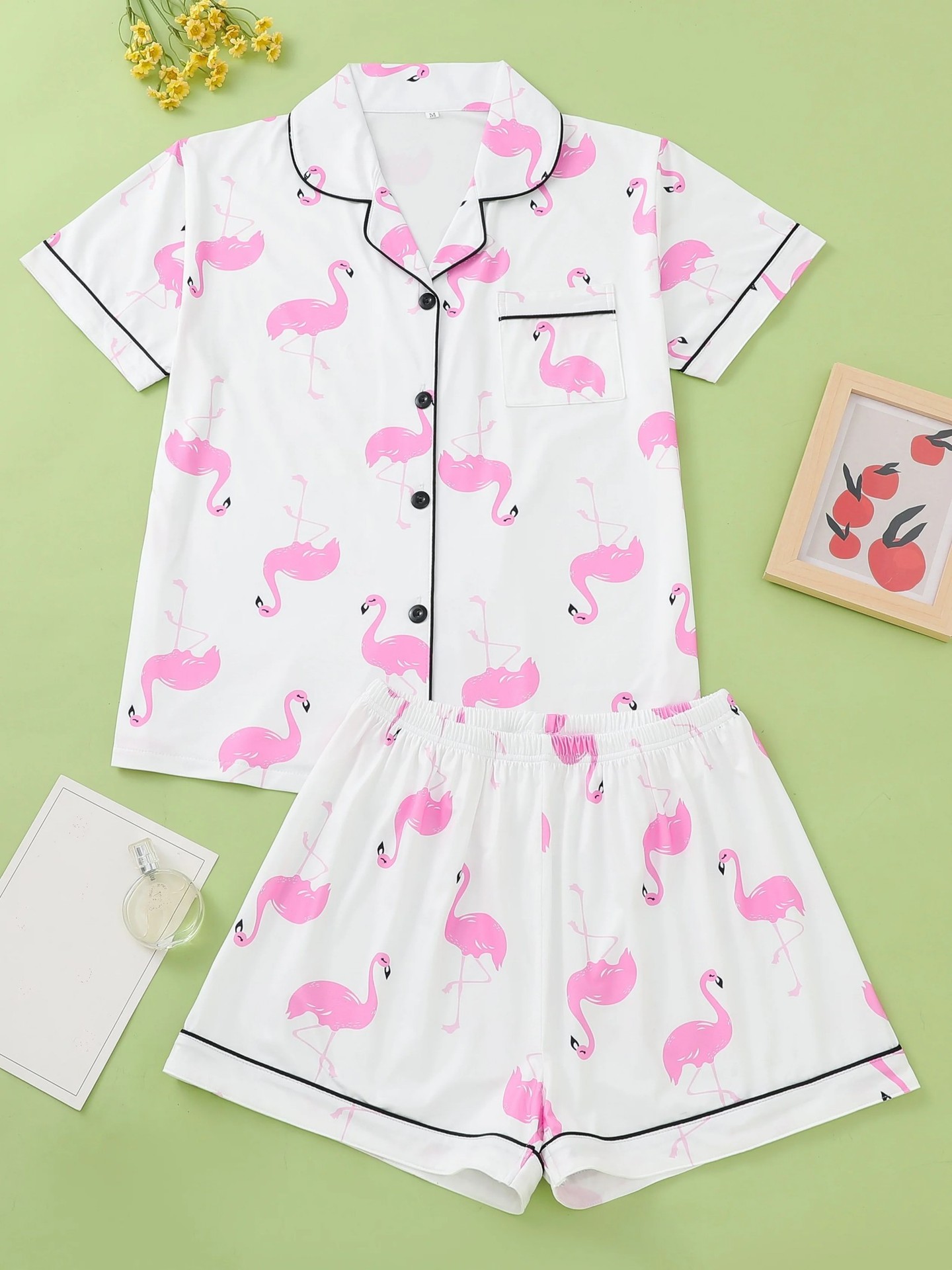 Women's Flamingo Print Collared Shirt Set Casual Loungewear