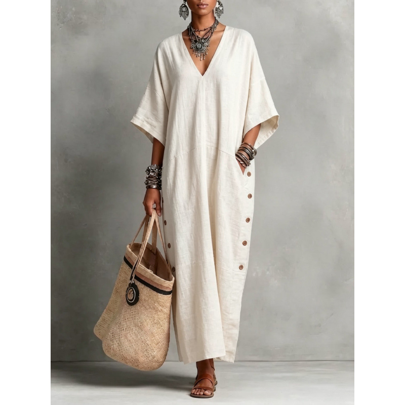 Cotton Linen Loose V-Neck Side Button Casual Long Dress