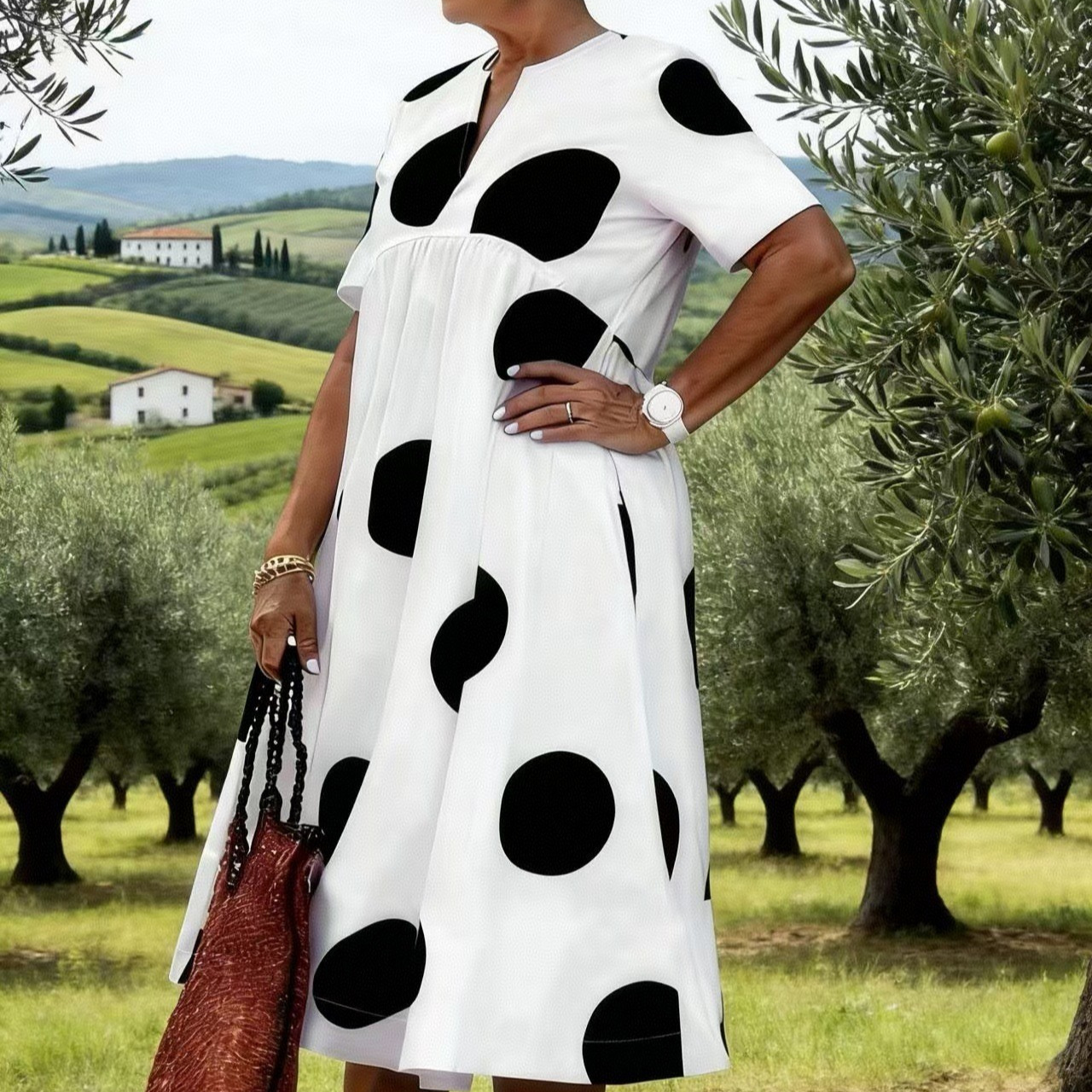 Artistic Floral Print Midi Dress Short Sleeve V-Neck A-Line