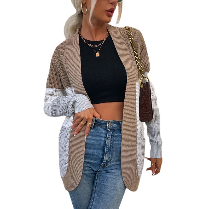 Women's Color-Block Knit Cardigan with Curved Pockets