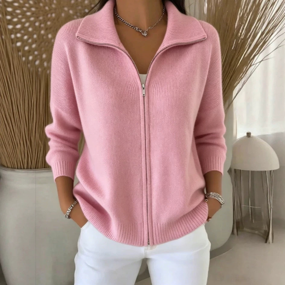 Women's Zip-Up Knit Cardigan Sweater with Collar, Solid Color Casual