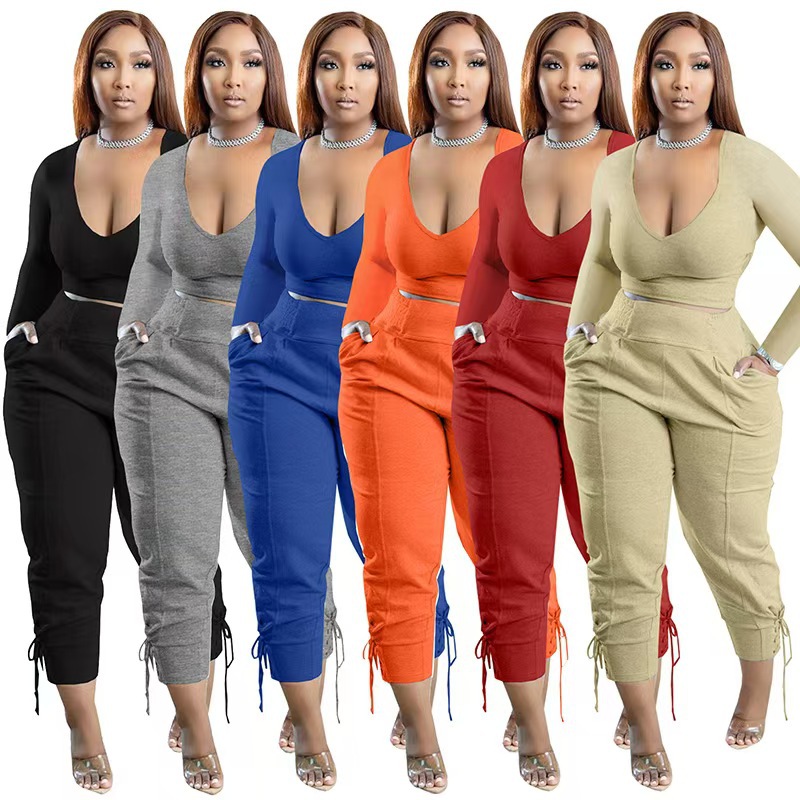 Women's V-Neck Tie-Strap Long Pants Casual Set