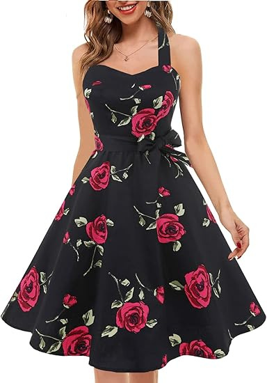 Women's Summer Halter Neck Sleeveless Floral Print Vintage Maxi Dress