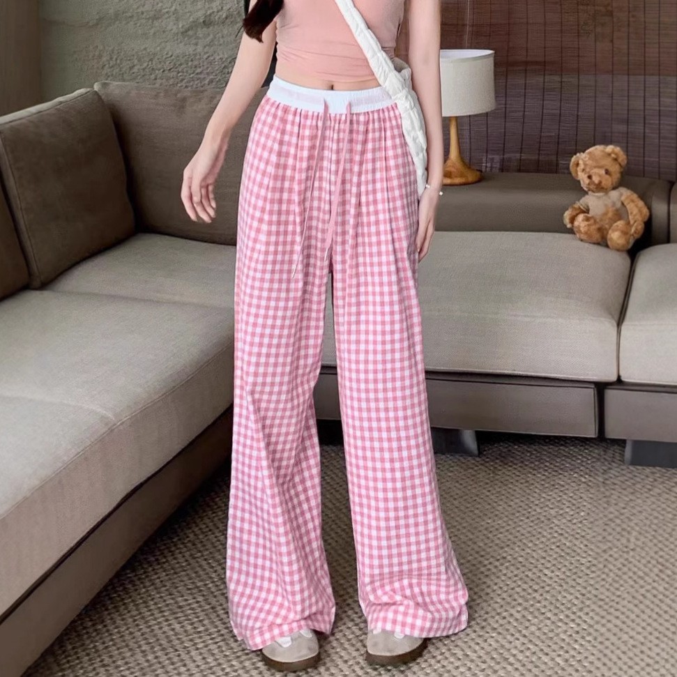 High-Waist Tie-Front Wide-Leg Plaid Pants