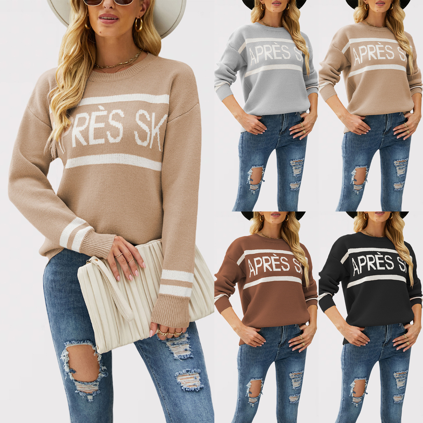 Letter Jacquard Crewneck Knit Sweater