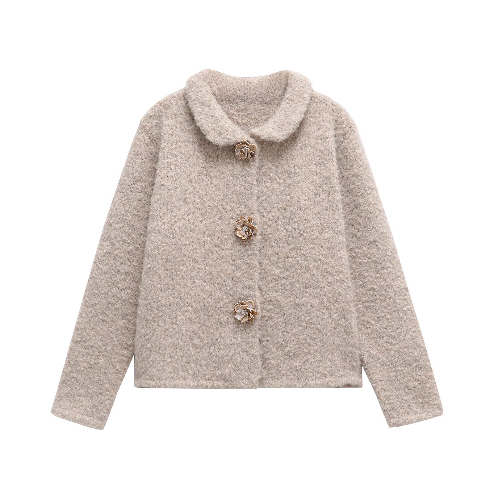 Women's Faux Leather Jacket with Flower-Shaped Button Accents