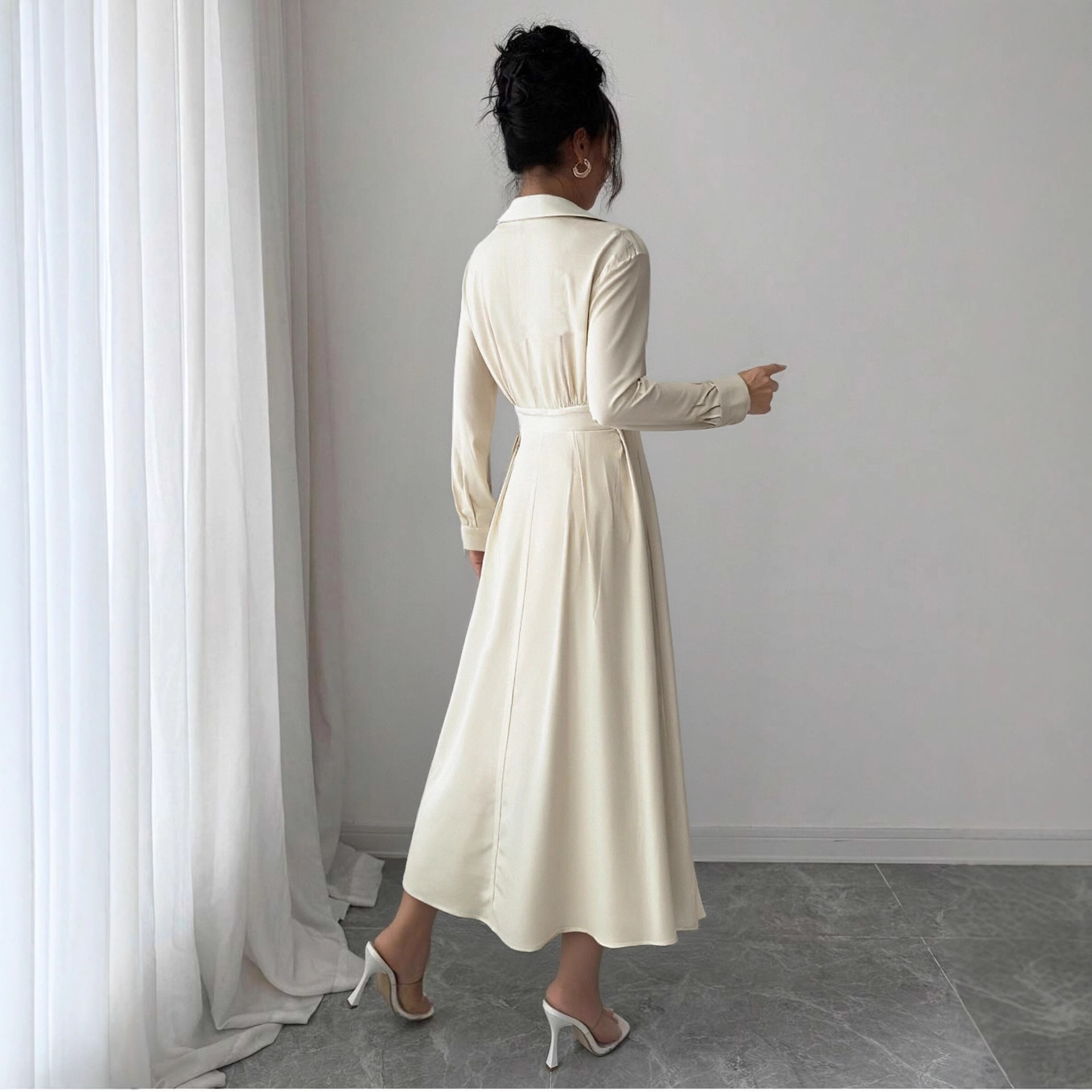 Printed Long Sleeve A-Line Midi Dress with Polo Collar