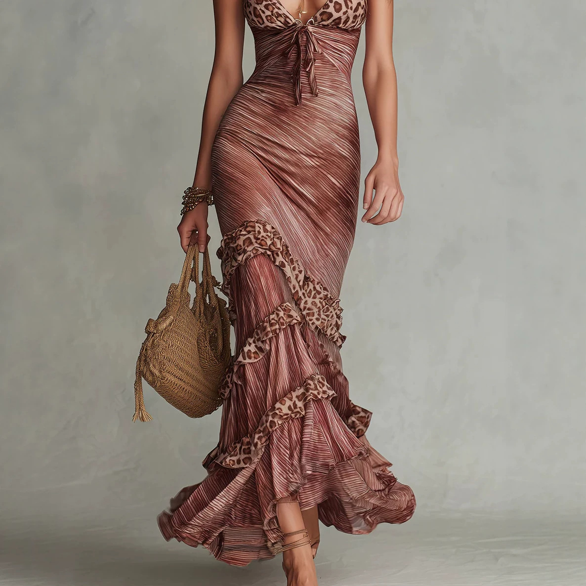 Leopard Print Spliced Cami Ruffle Maxi Dress