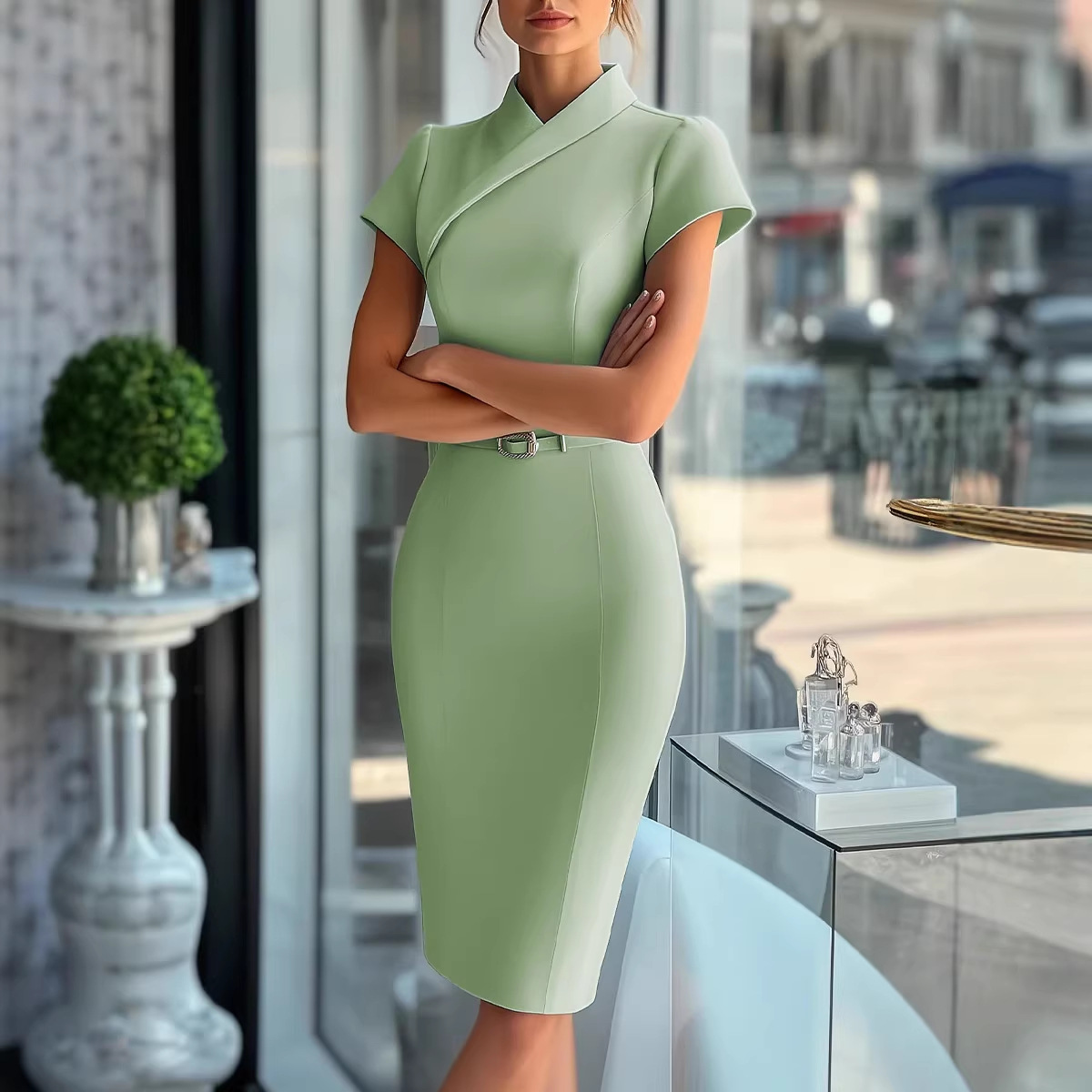 Slim-Fit Bodycon Dress with Decorative Button Detail