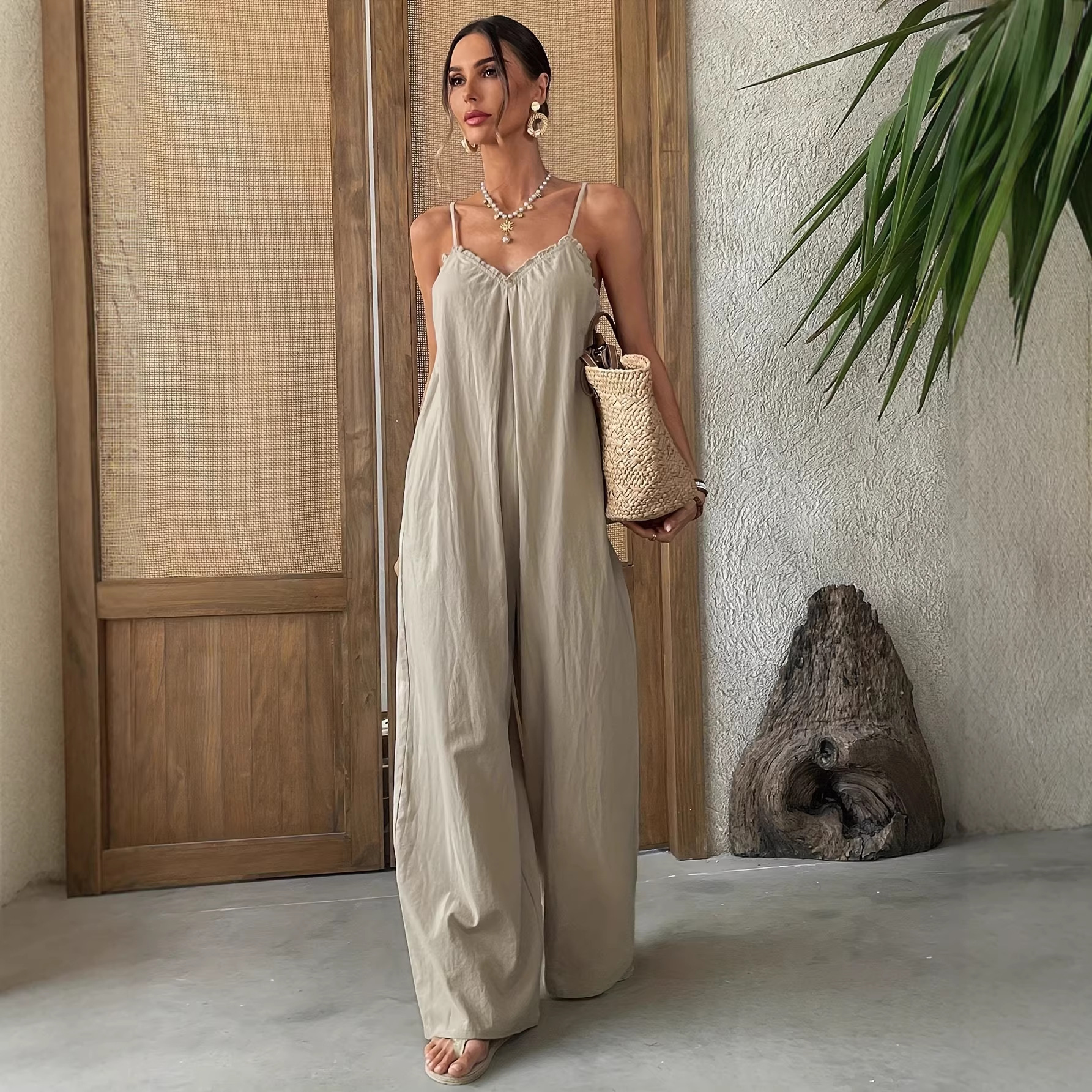 Women's Sleeveless Cami Jumpsuit Solid Color Straight Leg Cropped Casual