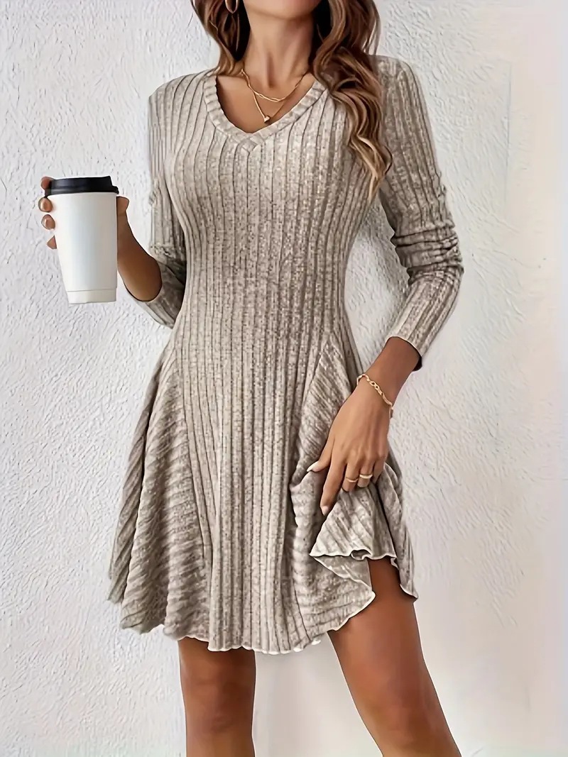 Elegant Knit V-Neck Long Sleeve A-Line Mini Dress