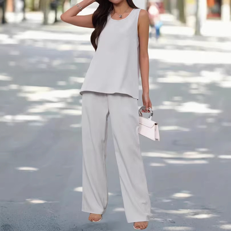 Women's Solid Sleeveless Top and High-Waist Long Pants Two-Piece Set