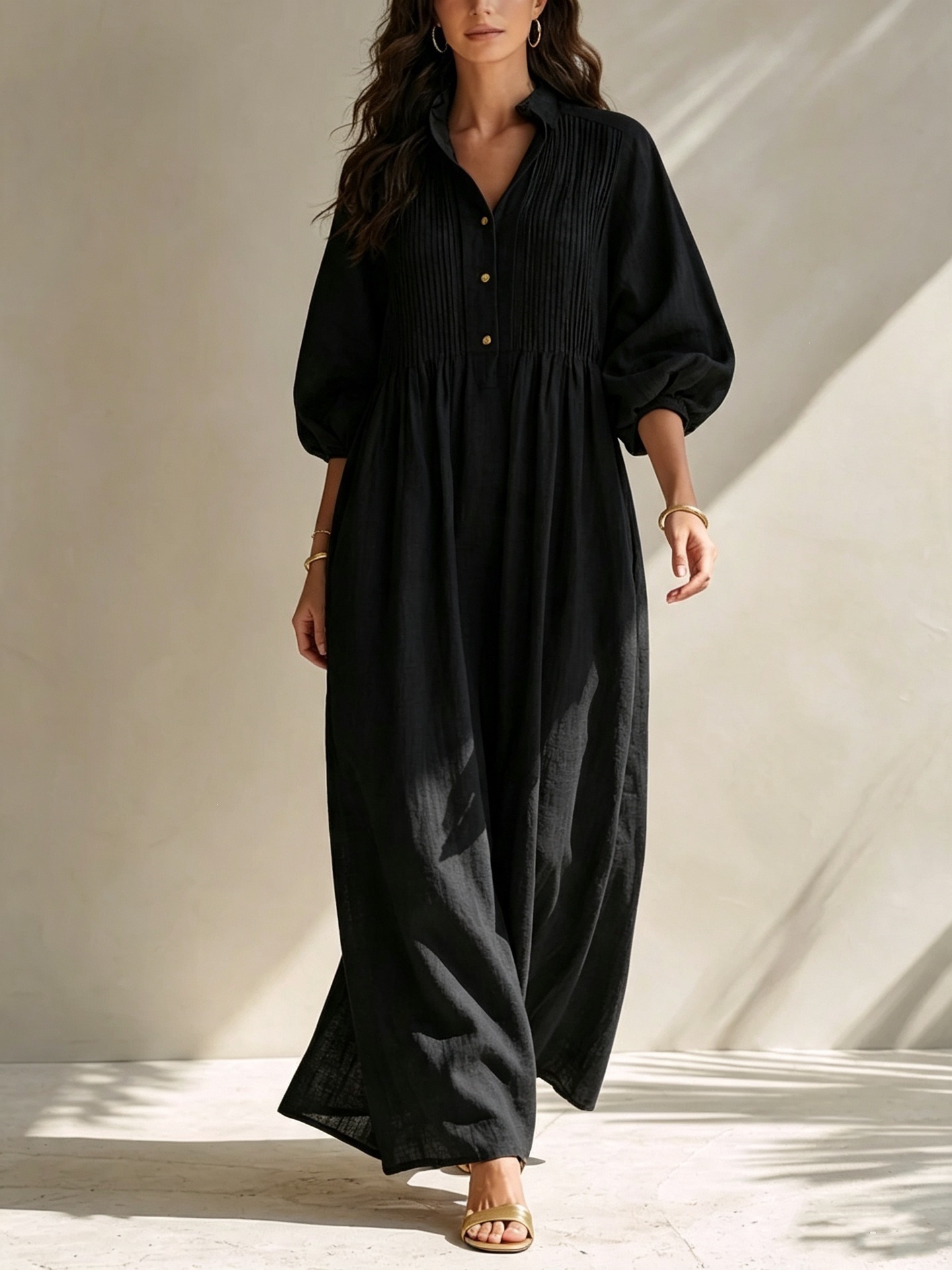 Linen-Blend Long Sleeve Shirt Dress Women's Loose A-Line Midi Bubble Sleeve Solid