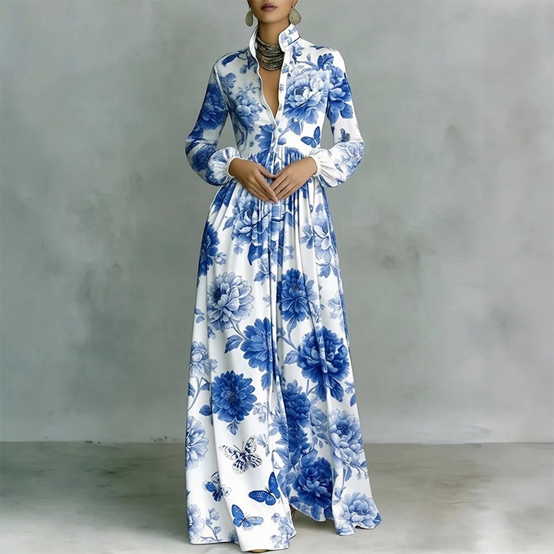 French Style Printed Long Dress with Collar, Loose Casual Vacation Dress