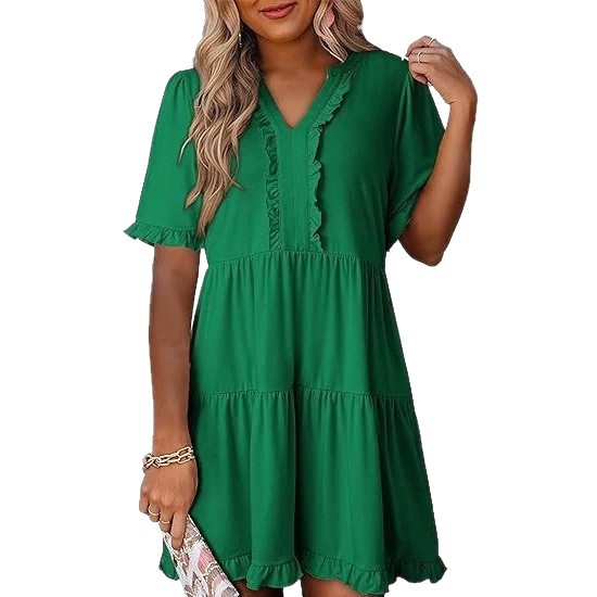 Women's Loose V-Neck Short Sleeve Ruffle Hem Casual Dress